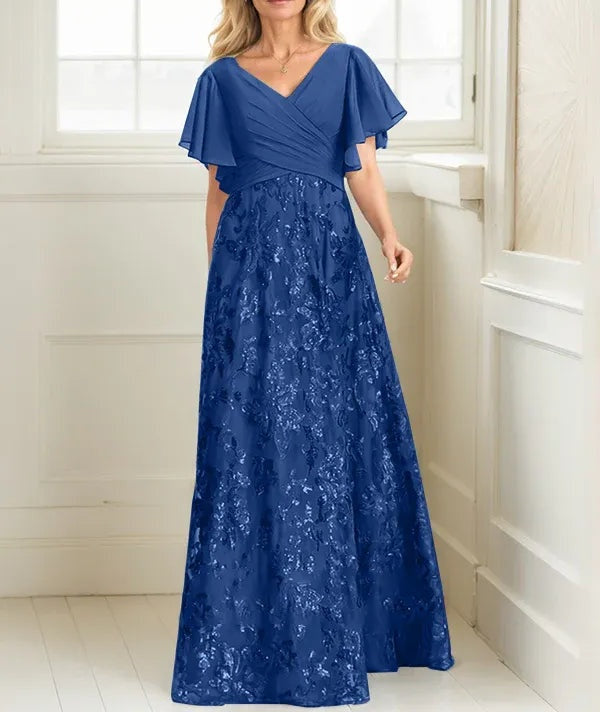 A-line V-Neck Floor-Length Lace Sequin Chiffon Mother of the Bride Dress With Pleated