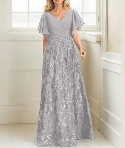 A-line V-Neck Floor-Length Lace Sequin Chiffon Mother of the Bride Dress With Pleated
