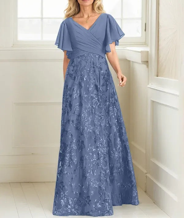 A-line V-Neck Floor-Length Lace Sequin Chiffon Mother of the Bride Dress With Pleated