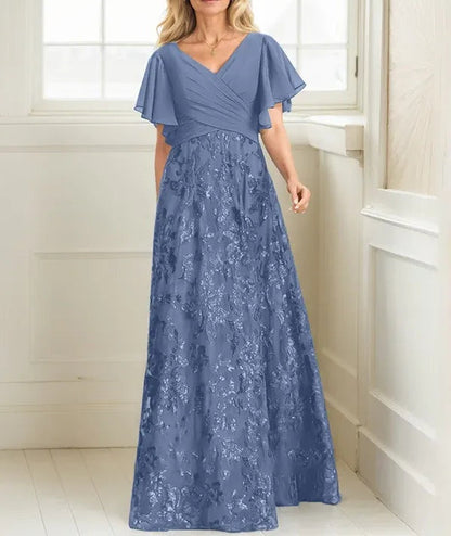 A-line V-Neck Floor-Length Lace Sequin Chiffon Mother of the Bride Dress With Pleated