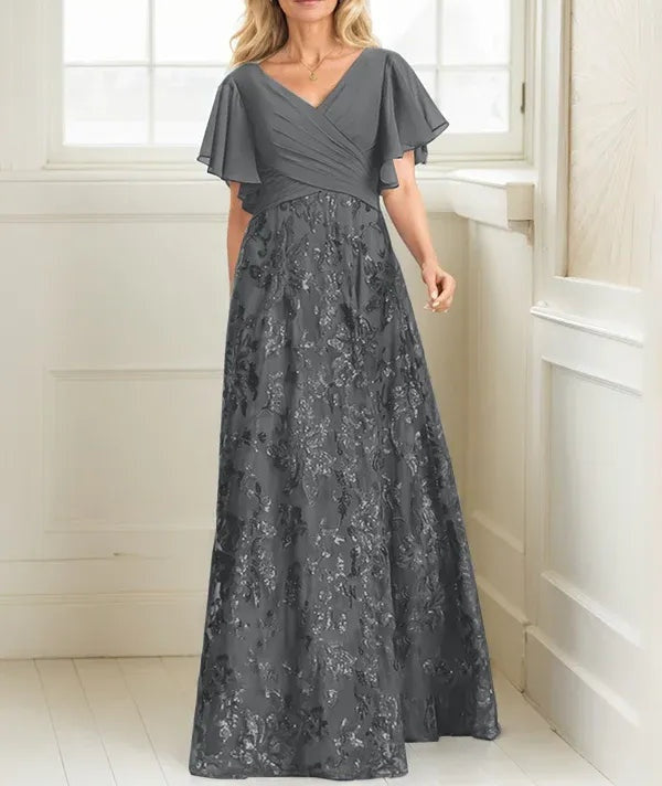 A-line V-Neck Floor-Length Lace Sequin Chiffon Mother of the Bride Dress With Pleated