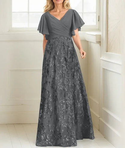 A-line V-Neck Floor-Length Lace Sequin Chiffon Mother of the Bride Dress With Pleated