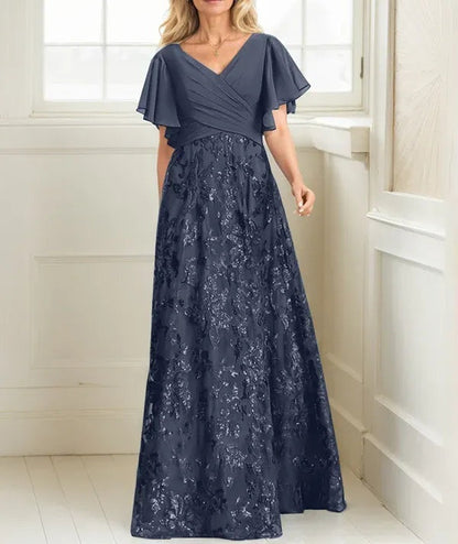 A-line V-Neck Floor-Length Lace Sequin Chiffon Mother of the Bride Dress With Pleated