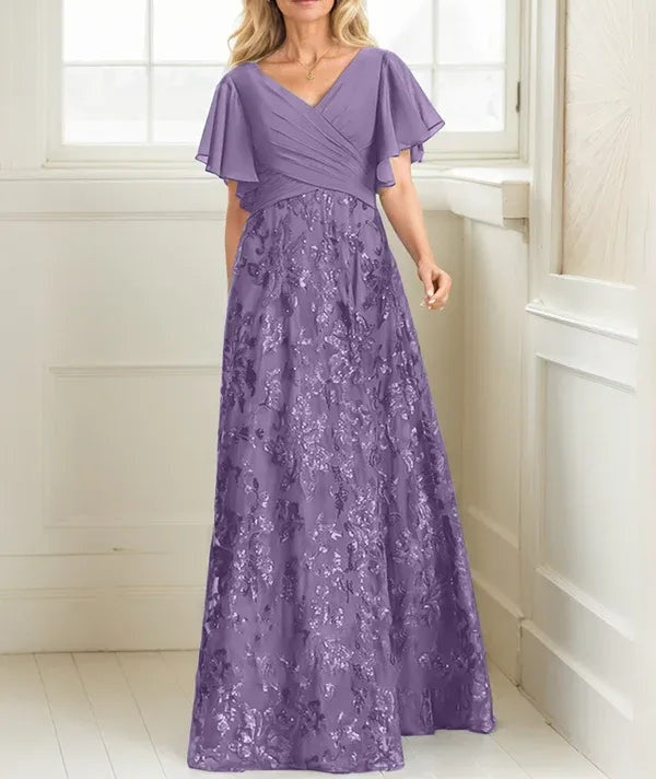 A-line V-Neck Floor-Length Lace Sequin Chiffon Mother of the Bride Dress With Pleated