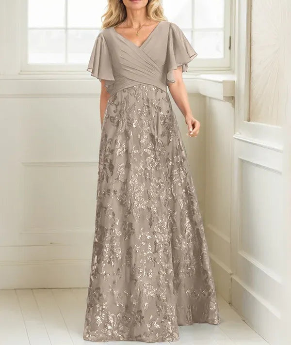 A-line V-Neck Floor-Length Lace Sequin Chiffon Mother of the Bride Dress With Pleated