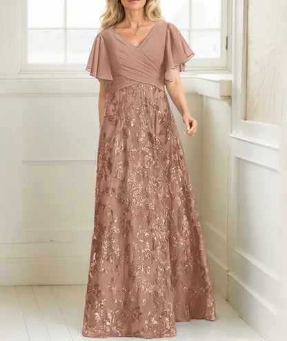 A-line V-Neck Floor-Length Lace Sequin Chiffon Mother of the Bride Dress With Pleated