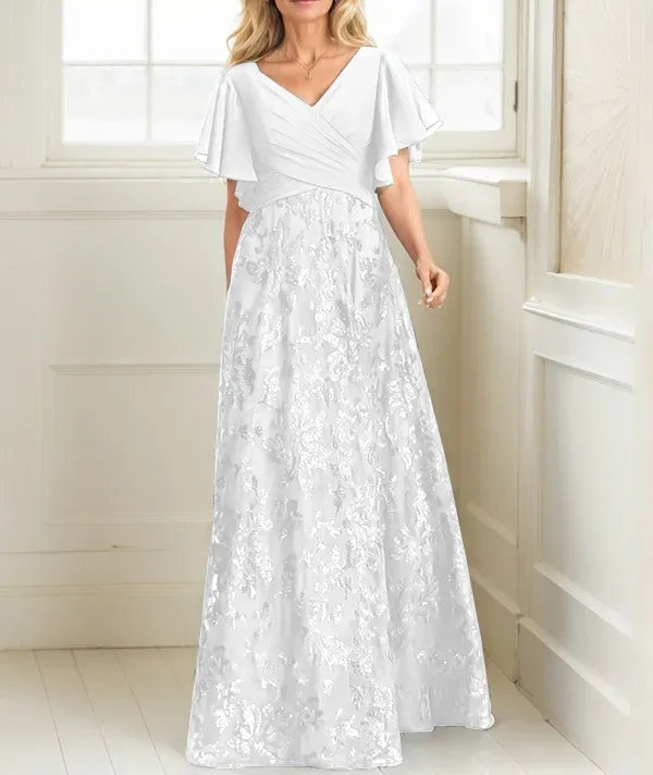 A-line V-Neck Floor-Length Lace Sequin Chiffon Mother of the Bride Dress With Pleated