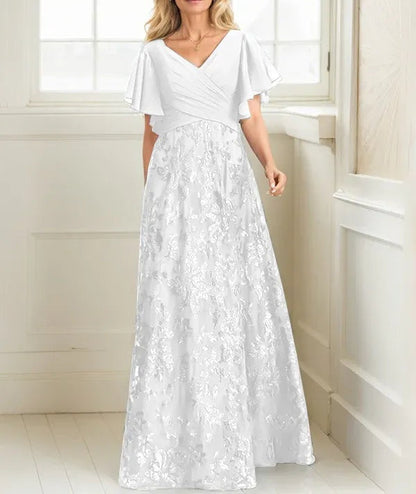 A-line V-Neck Floor-Length Lace Sequin Chiffon Mother of the Bride Dress With Pleated
