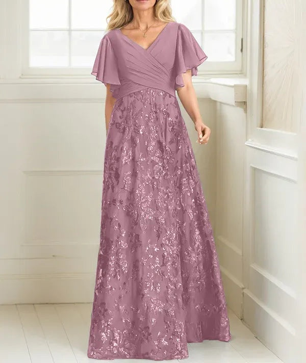 A-line V-Neck Floor-Length Lace Sequin Chiffon Mother of the Bride Dress With Pleated
