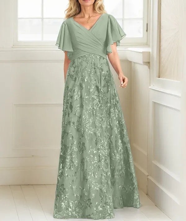 A-line V-Neck Floor-Length Lace Sequin Chiffon Mother of the Bride Dress With Pleated