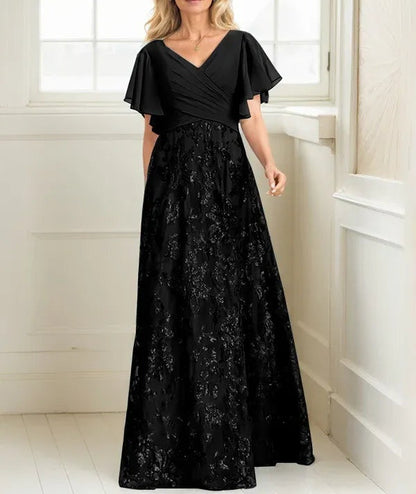 A-line V-Neck Floor-Length Lace Sequin Chiffon Mother of the Bride Dress With Pleated