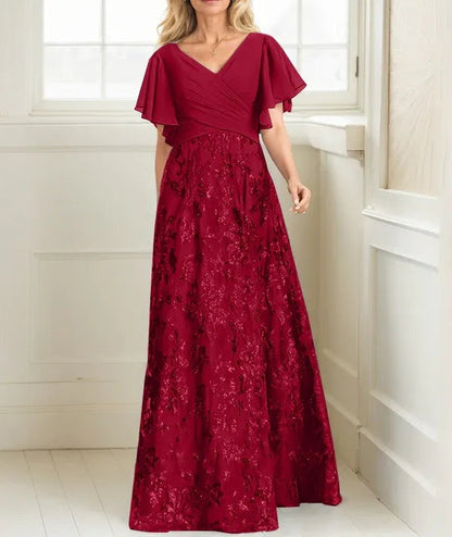 A-line V-Neck Floor-Length Lace Sequin Chiffon Mother of the Bride Dress With Pleated