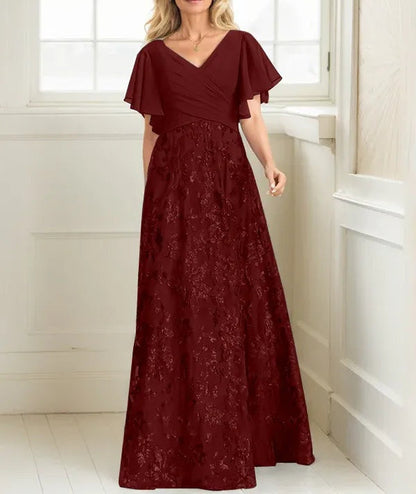 A-line V-Neck Floor-Length Lace Sequin Chiffon Mother of the Bride Dress With Pleated