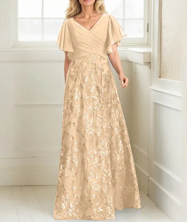 A-line V-Neck Floor-Length Lace Sequin Chiffon Mother of the Bride Dress With Pleated