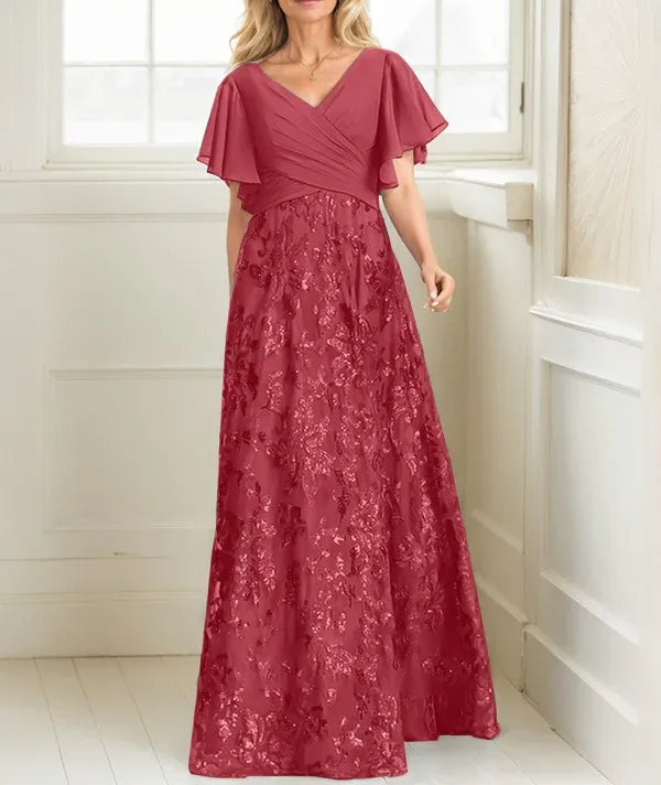 A-line V-Neck Floor-Length Lace Sequin Chiffon Mother of the Bride Dress With Pleated