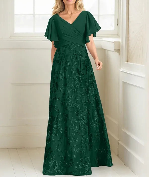 A-line V-Neck Floor-Length Lace Sequin Chiffon Mother of the Bride Dress With Pleated