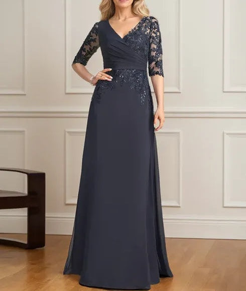 A-line V-Neck Floor-Length Lace Chiffon Mother of the Bride Dress With Pleated Sequins