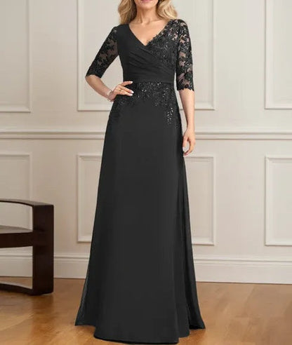 A-line V-Neck Floor-Length Lace Chiffon Mother of the Bride Dress With Pleated Sequins