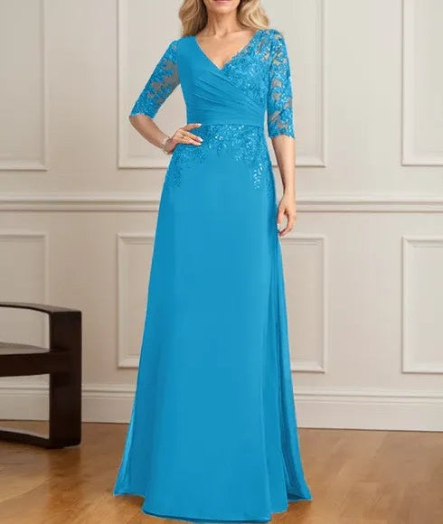 A-line V-Neck Floor-Length Lace Chiffon Mother of the Bride Dress With Pleated Sequins