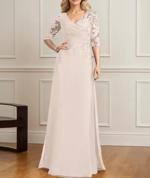A-line V-Neck Floor-Length Lace Chiffon Mother of the Bride Dress With Pleated Sequins