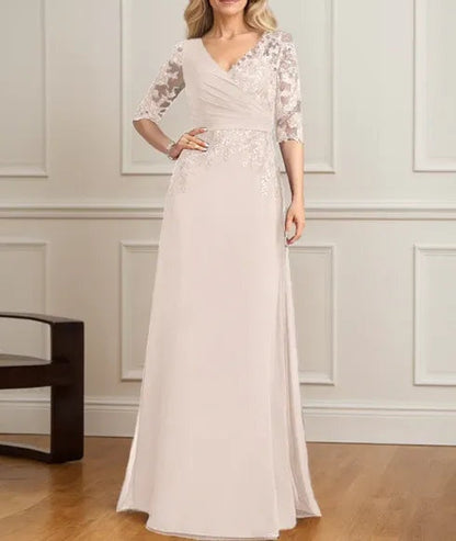 A-line V-Neck Floor-Length Lace Chiffon Mother of the Bride Dress With Pleated Sequins