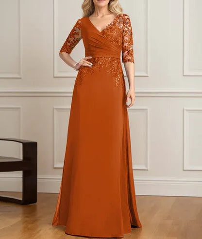 A-line V-Neck Floor-Length Lace Chiffon Mother of the Bride Dress With Pleated Sequins