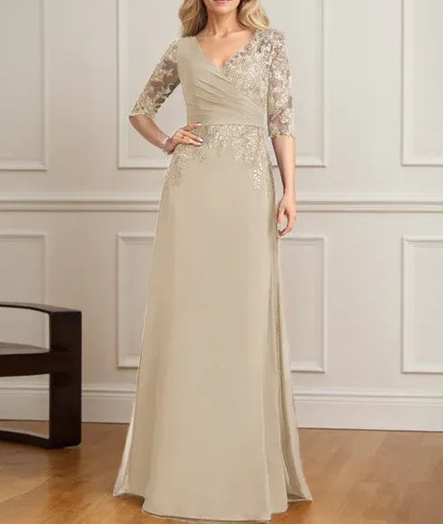 A-line V-Neck Floor-Length Lace Chiffon Mother of the Bride Dress With Pleated Sequins