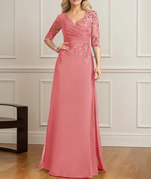 A-line V-Neck Floor-Length Lace Chiffon Mother of the Bride Dress With Pleated Sequins