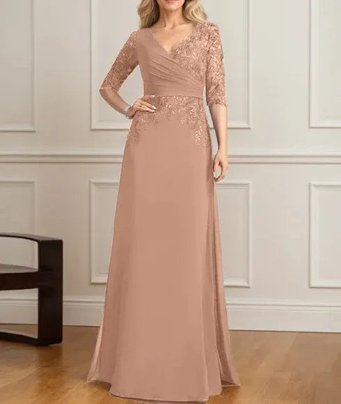 A-line V-Neck Floor-Length Lace Chiffon Mother of the Bride Dress With Pleated Sequins