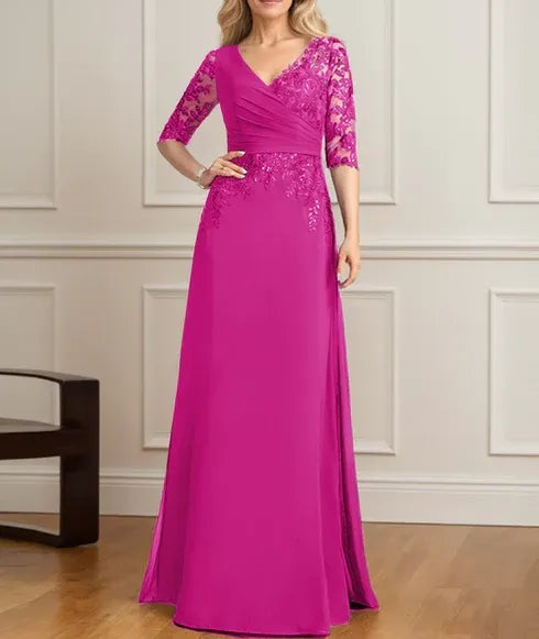 A-line V-Neck Floor-Length Lace Chiffon Mother of the Bride Dress With Pleated Sequins