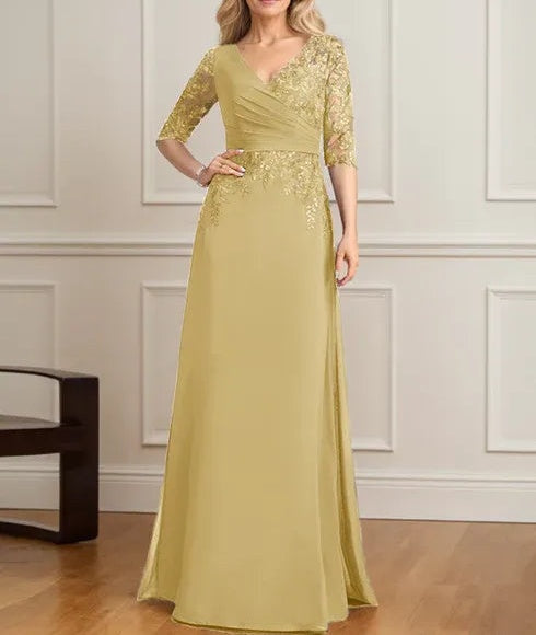 A-line V-Neck Floor-Length Lace Chiffon Mother of the Bride Dress With Pleated Sequins
