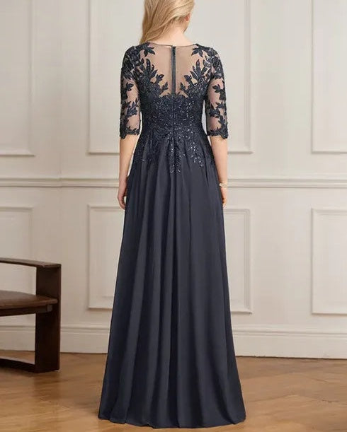 A-line V-Neck Floor-Length Lace Chiffon Mother of the Bride Dress With Pleated Sequins