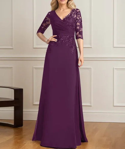 A-line V-Neck Floor-Length Lace Chiffon Mother of the Bride Dress With Pleated Sequins