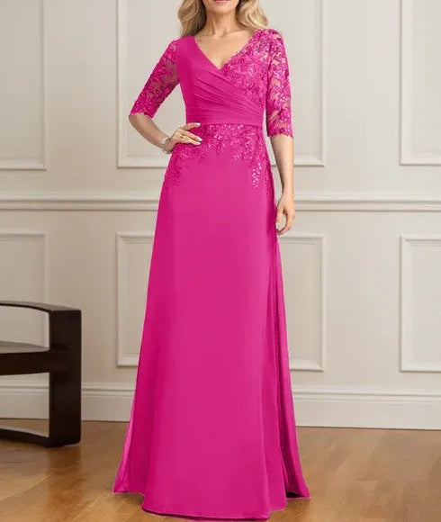 A-line V-Neck Floor-Length Lace Chiffon Mother of the Bride Dress With Pleated Sequins