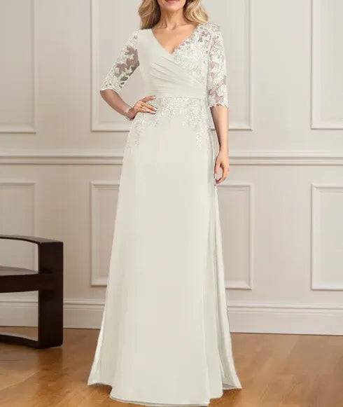 A-line V-Neck Floor-Length Lace Chiffon Mother of the Bride Dress With Pleated Sequins
