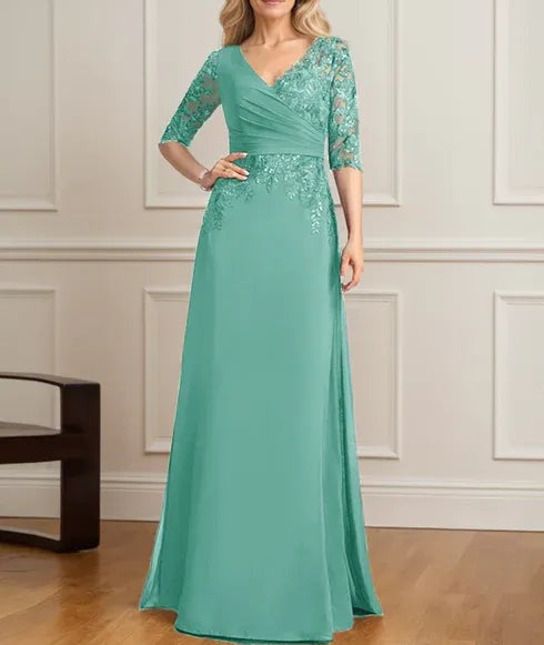 A-line V-Neck Floor-Length Lace Chiffon Mother of the Bride Dress With Pleated Sequins