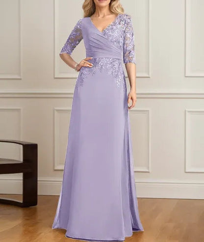 A-line V-Neck Floor-Length Lace Chiffon Mother of the Bride Dress With Pleated Sequins