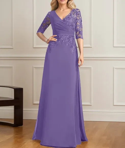 A-line V-Neck Floor-Length Lace Chiffon Mother of the Bride Dress With Pleated Sequins