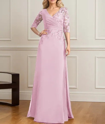 A-line V-Neck Floor-Length Lace Chiffon Mother of the Bride Dress With Pleated Sequins