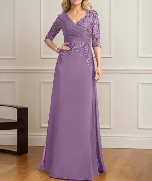 A-line V-Neck Floor-Length Lace Chiffon Mother of the Bride Dress With Pleated Sequins
