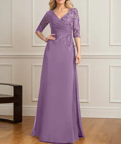 A-line V-Neck Floor-Length Lace Chiffon Mother of the Bride Dress With Pleated Sequins
