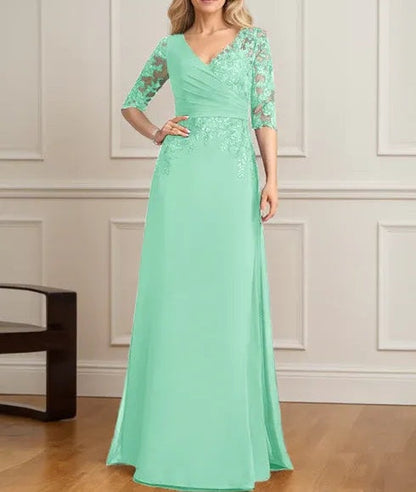 A-line V-Neck Floor-Length Lace Chiffon Mother of the Bride Dress With Pleated Sequins