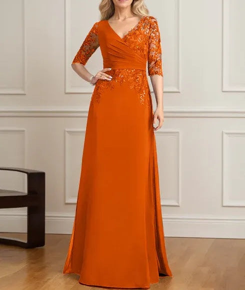 A-line V-Neck Floor-Length Lace Chiffon Mother of the Bride Dress With Pleated Sequins