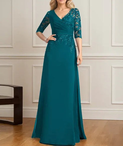 A-line V-Neck Floor-Length Lace Chiffon Mother of the Bride Dress With Pleated Sequins