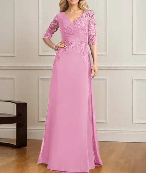A-line V-Neck Floor-Length Lace Chiffon Mother of the Bride Dress With Pleated Sequins