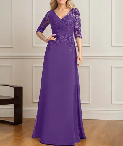 A-line V-Neck Floor-Length Lace Chiffon Mother of the Bride Dress With Pleated Sequins