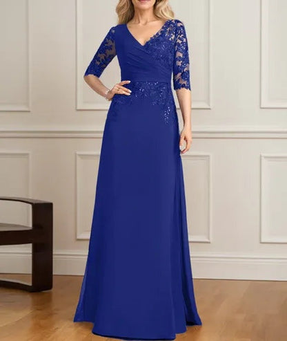 A-line V-Neck Floor-Length Lace Chiffon Mother of the Bride Dress With Pleated Sequins