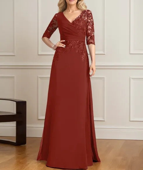 A-line V-Neck Floor-Length Lace Chiffon Mother of the Bride Dress With Pleated Sequins