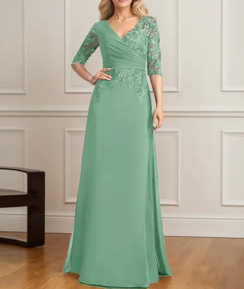A-line V-Neck Floor-Length Lace Chiffon Mother of the Bride Dress With Pleated Sequins