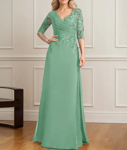 A-line V-Neck Floor-Length Lace Chiffon Mother of the Bride Dress With Pleated Sequins